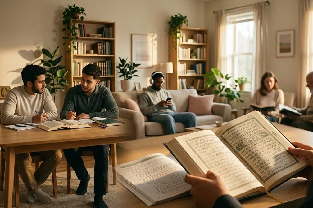 غرفة معيشة مضيئة يقرأ فيها الناس القرآن كلٌّ بطريقته: صديقان يدرسان على طاولة، ورجل يستمع بسماعات الرأس، وامرأة ورجل مسن يقرآن، ومصحف مفتوح في مقدمة المشهد.