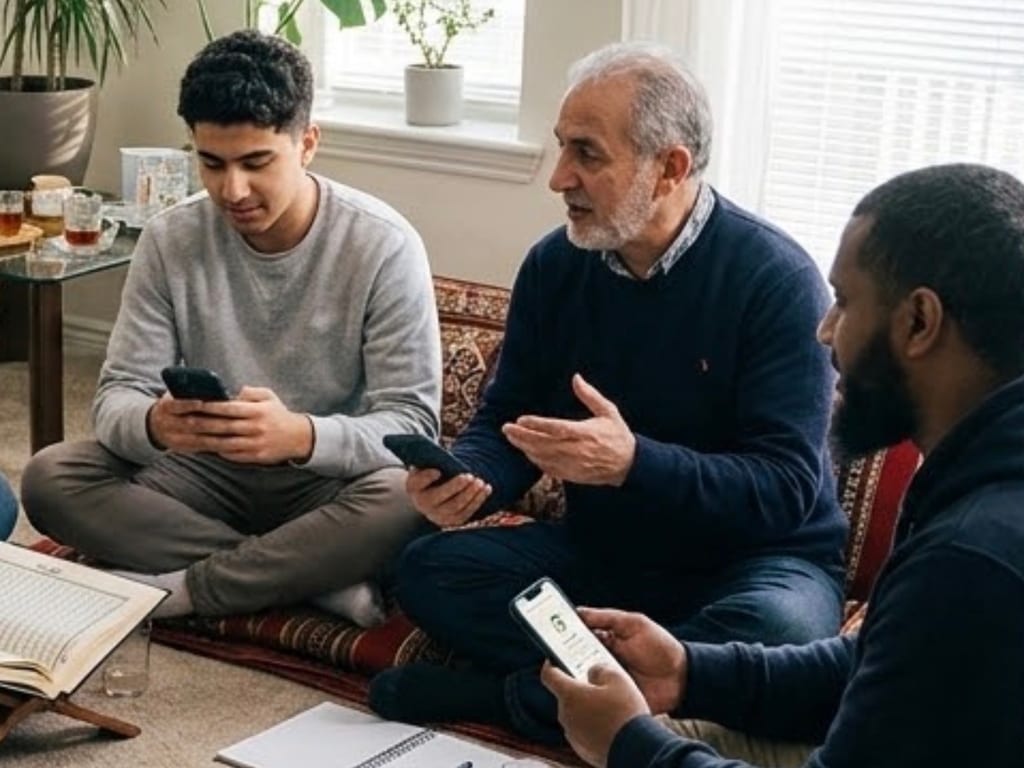 ثلاثة رجال من أعمار مختلفة يجلسون معًا حول المصحف، يتابعون على هواتفهم بينما يشرح أكبرهم سنًا.