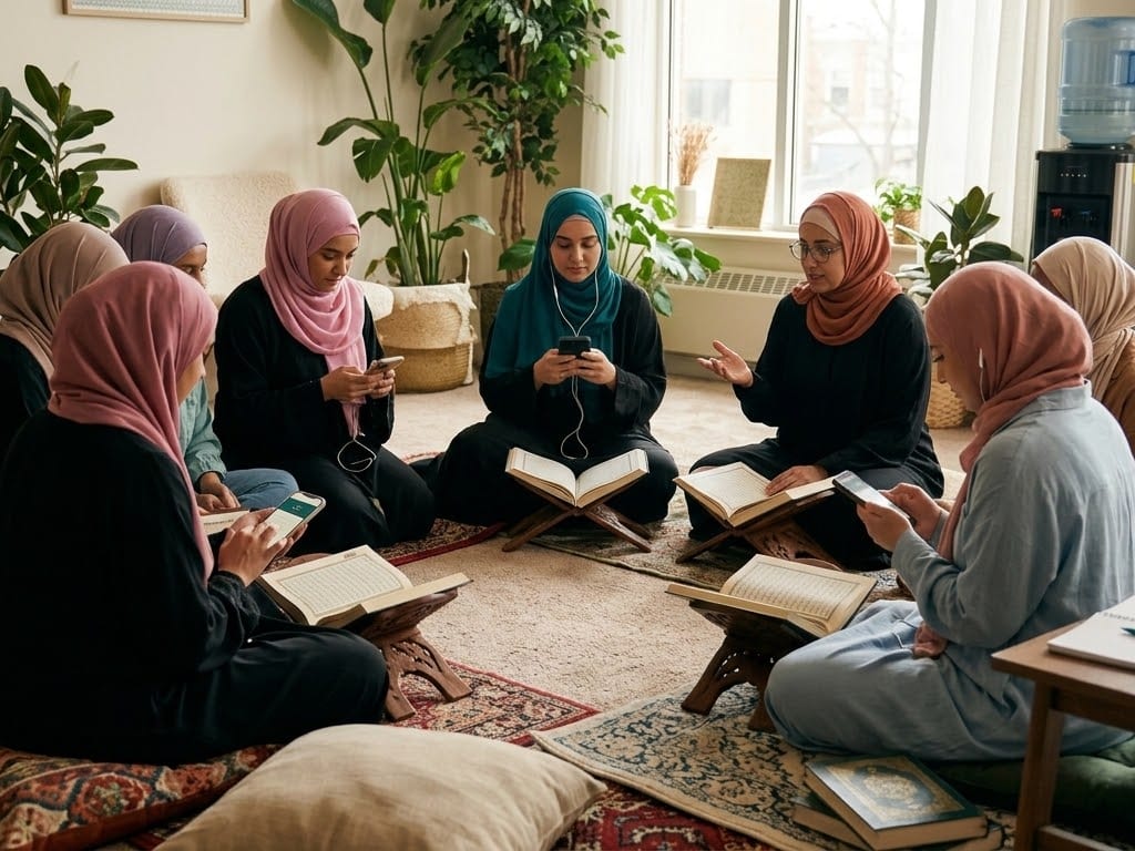 حلقة من النساء يجلسن على الأرض وأمامهن مصاحف مفتوحة، وتتابع بعضهن التلاوة على هواتفهن.